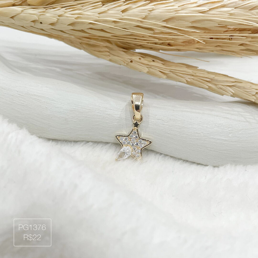 Pingente de Estrela c/ 1 Gota Cravejado Cristal Dourado